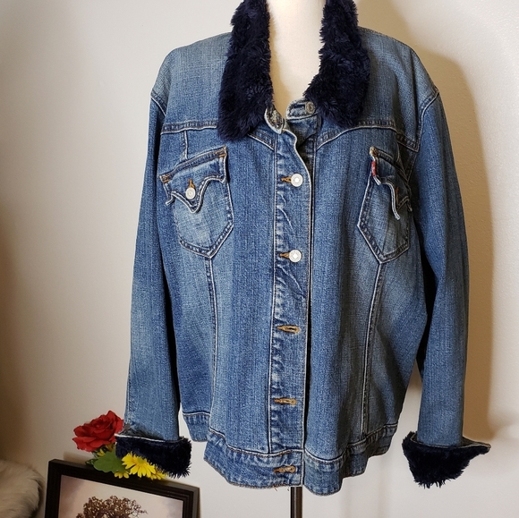 RARE! Authentic Vintage Levis NAVY Sherpa Trucker Denim Jean Quilted Jacket Fall - Picture 7 of 12